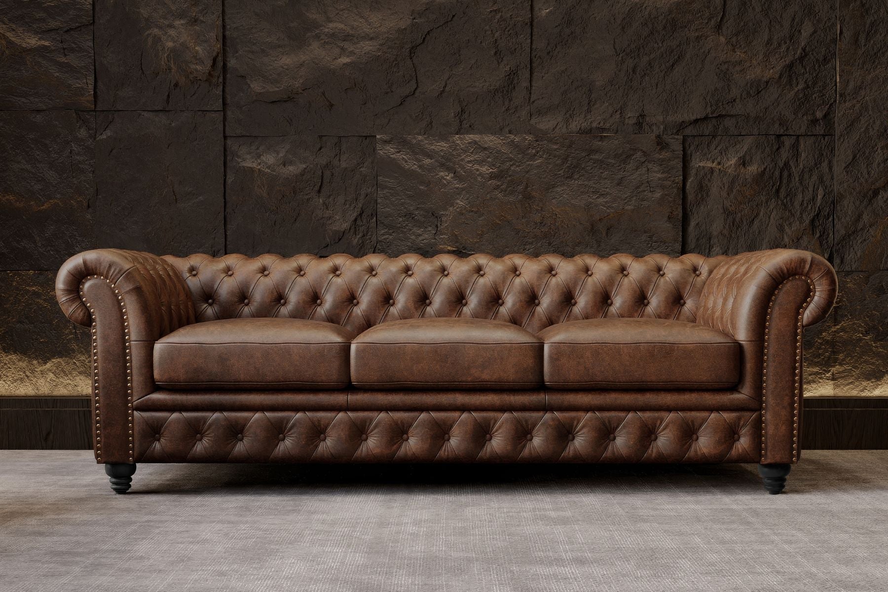 Figaro Chesterfield Roll Arm Leather Sofa with deep button tufting