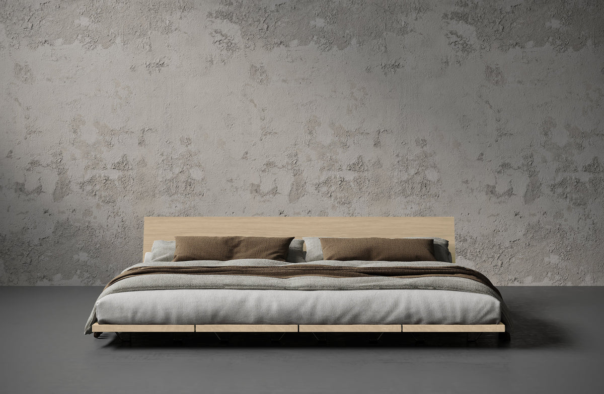 Japandi-style bedroom with a solid wood bed frame in walnut finish and minimal natural-toned decor