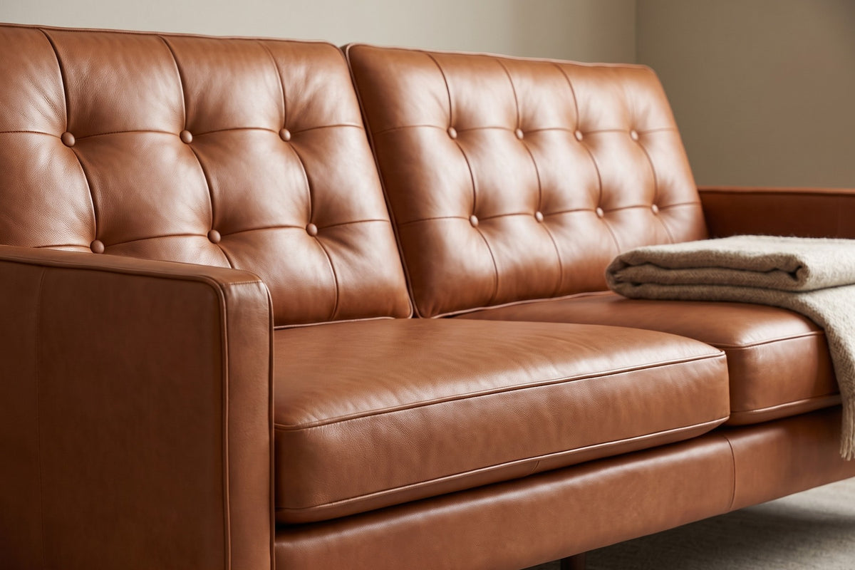 Amboise Cognac Button-Tufted Leather Sofa detail
