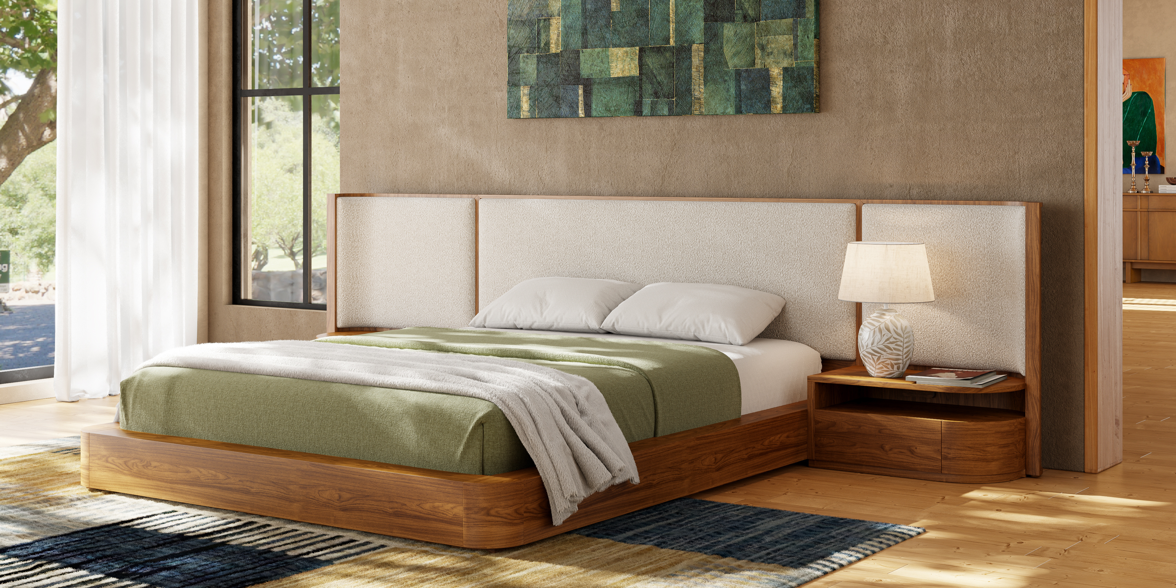 Aubert Wood Bed Frame with Bouclé Headboard & Integrated Nightstands