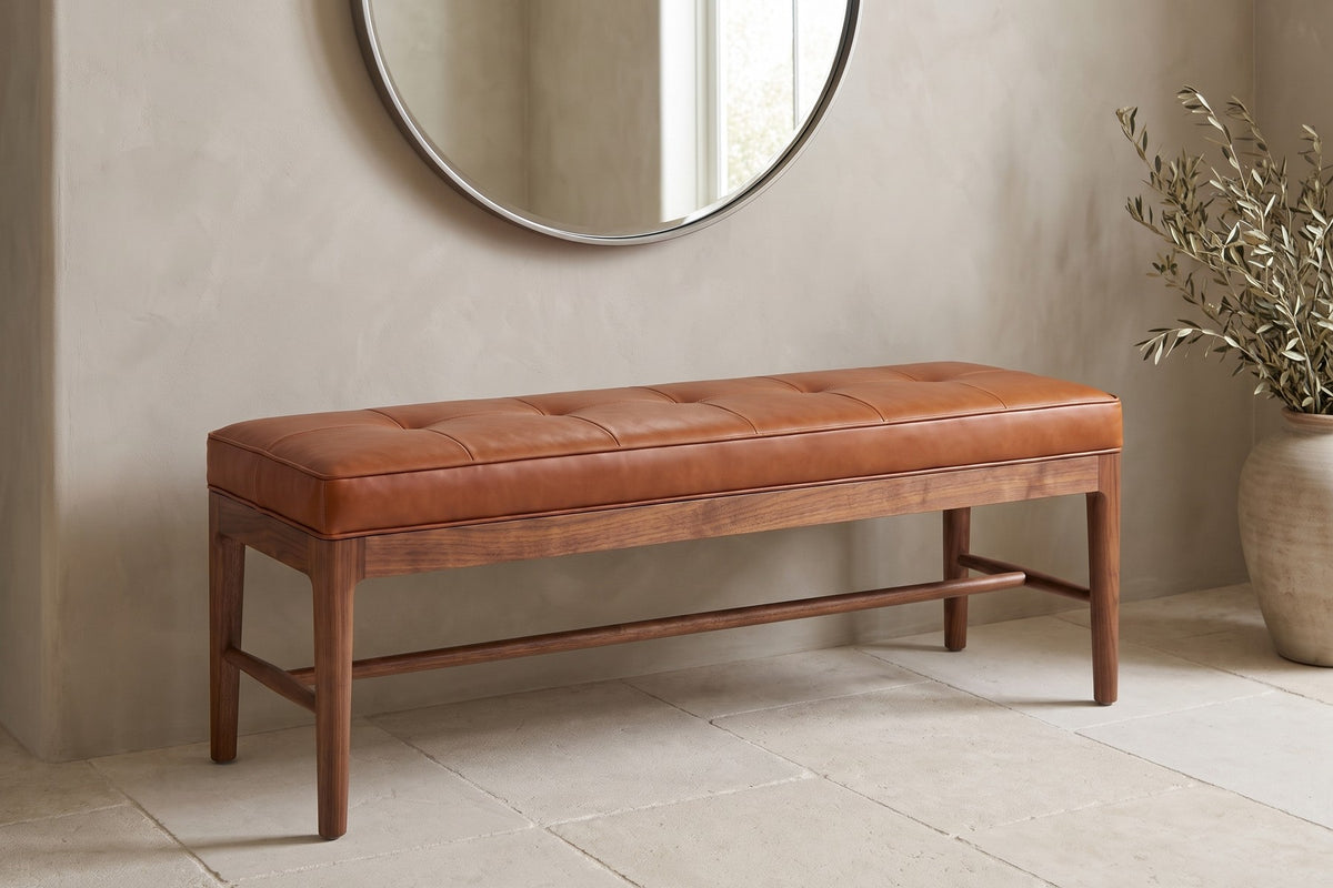 Carnac Cognac Leather and Walnut Bench in a room