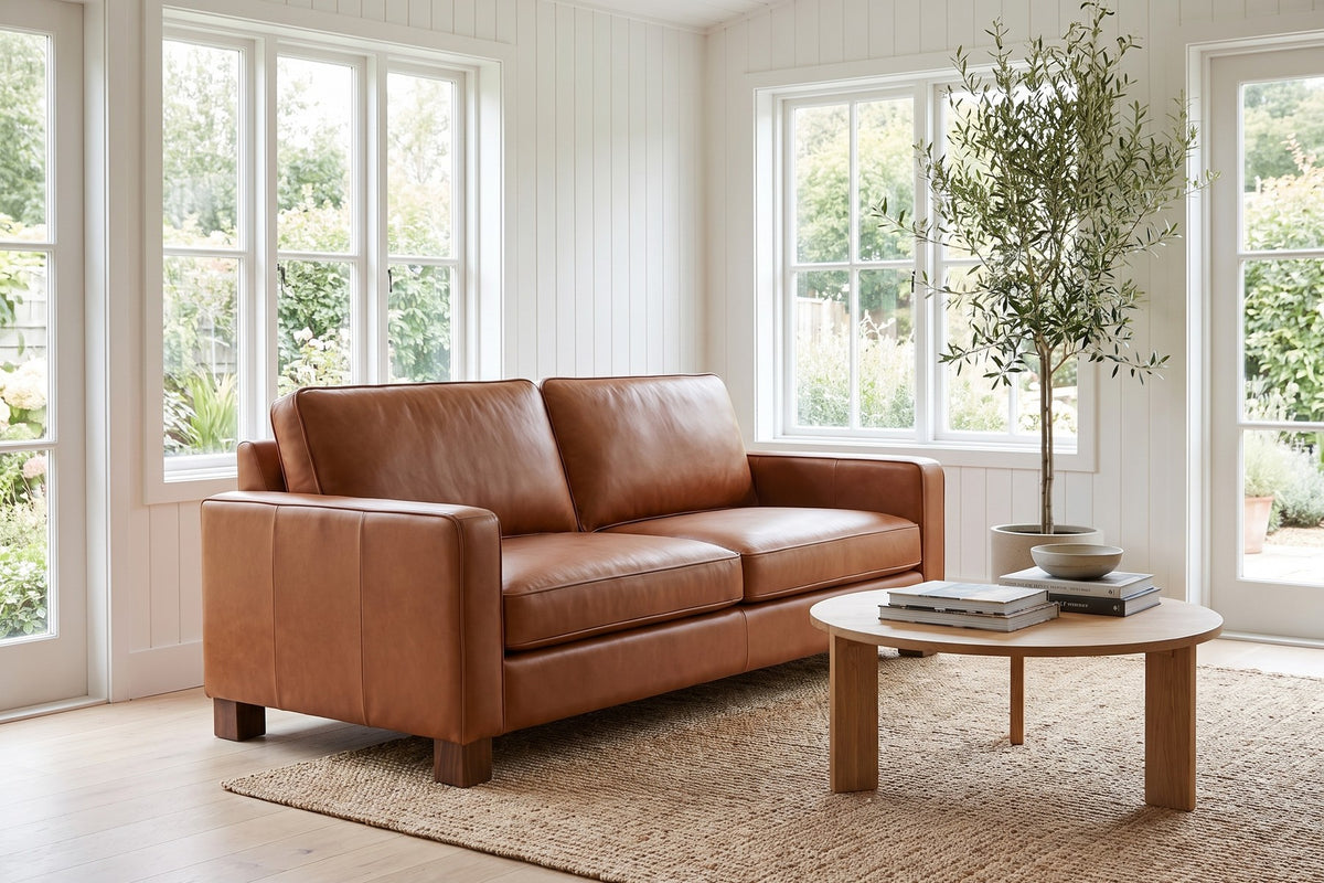 Chamonix Cognac Leather Sleeper Sofa in a room