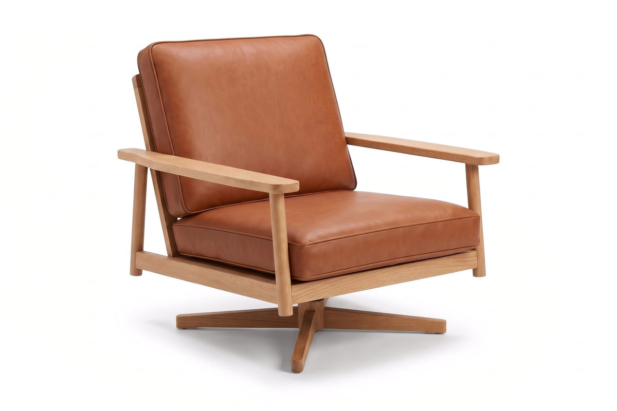 Chinon Cognac Leather and Oak Swivel Chair on white