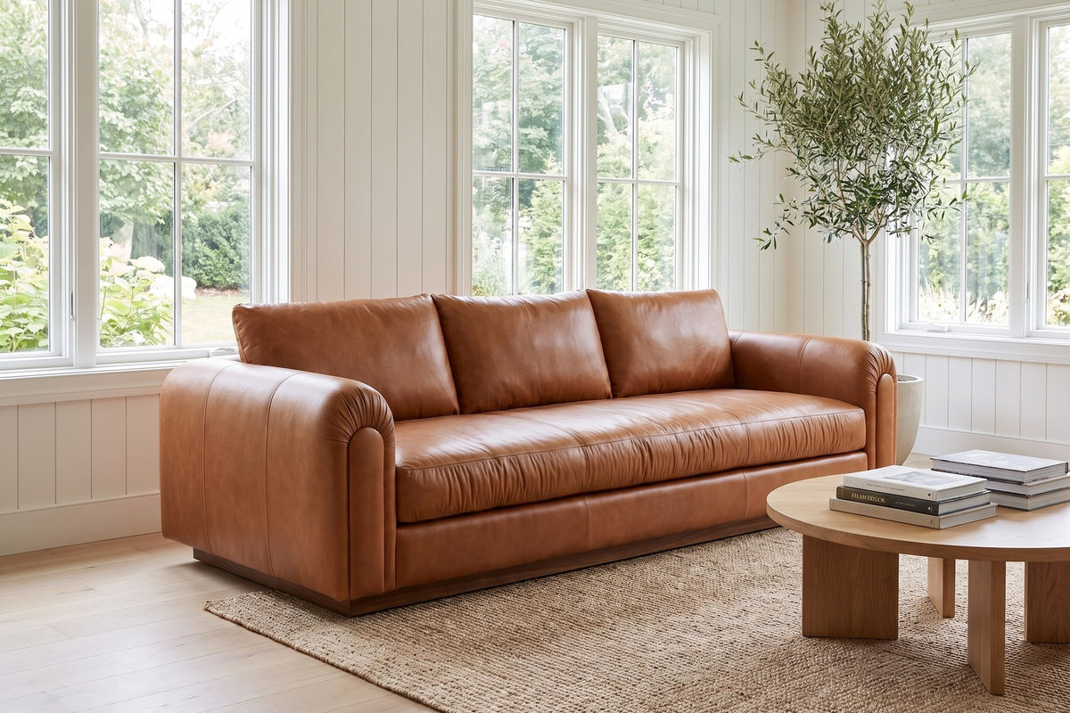 Collioure Cognac Leather Low Sofa in a room