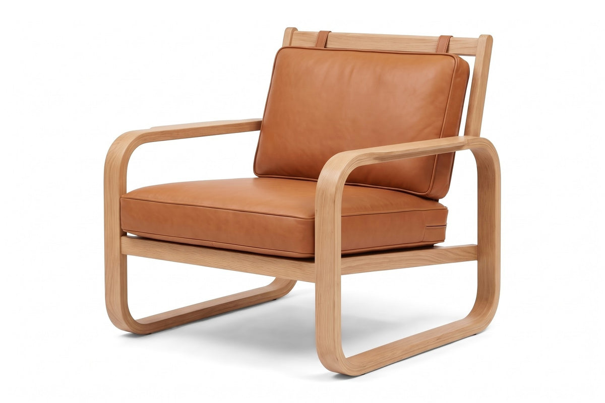 Étretat Bentwood Oak and Cognac Leather Lounge Chair on white