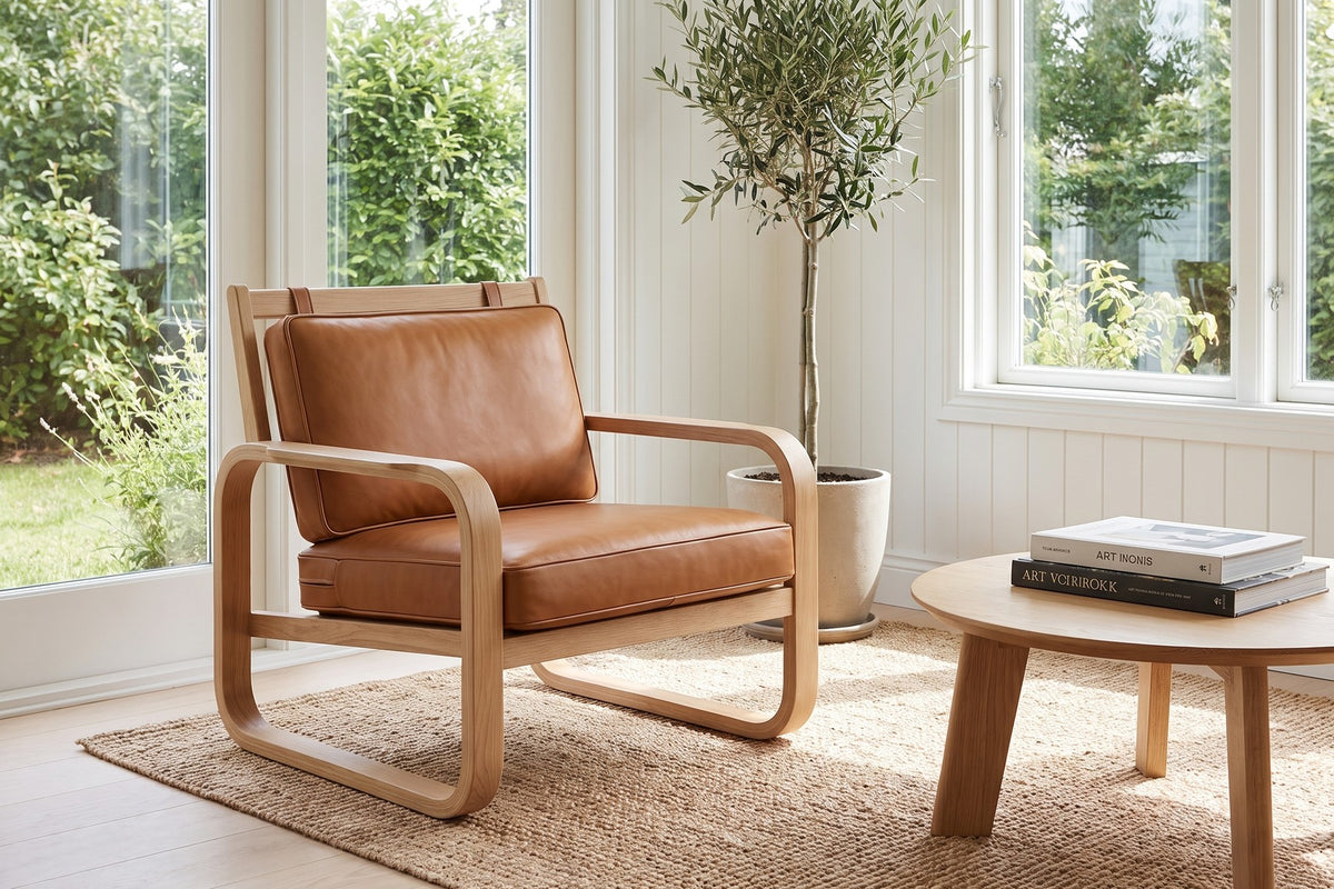 Étretat Bentwood Oak and Cognac Leather Lounge Chair in a room