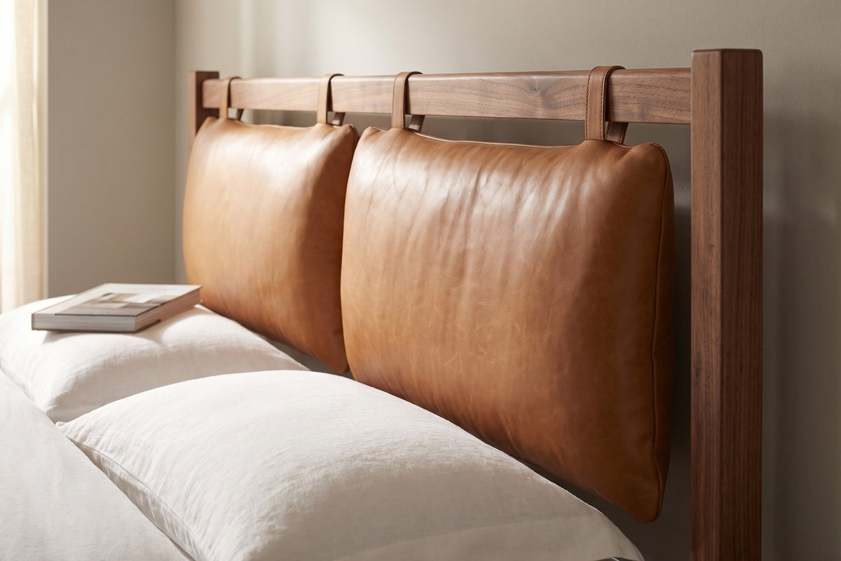 Honfleur Walnut Bed with Cognac Leather Cushions detail