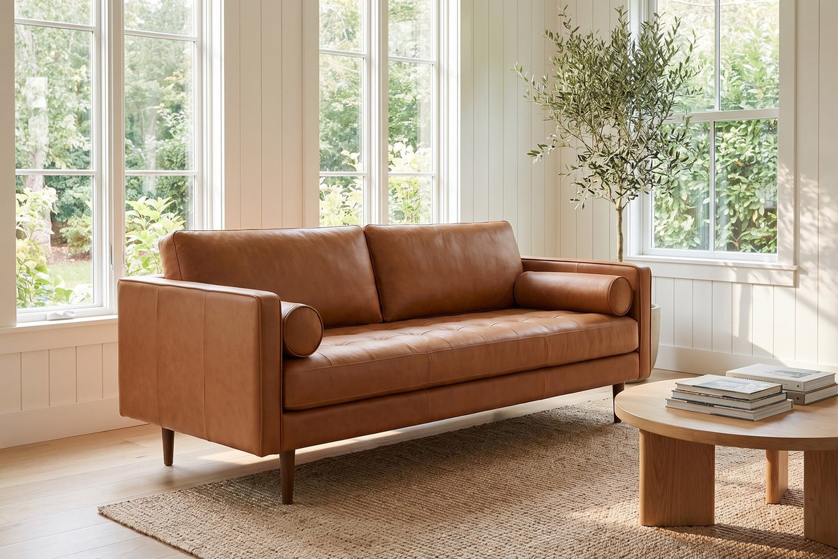 Menton 88" Cognac Leather Bench-Seat Sofa in a room