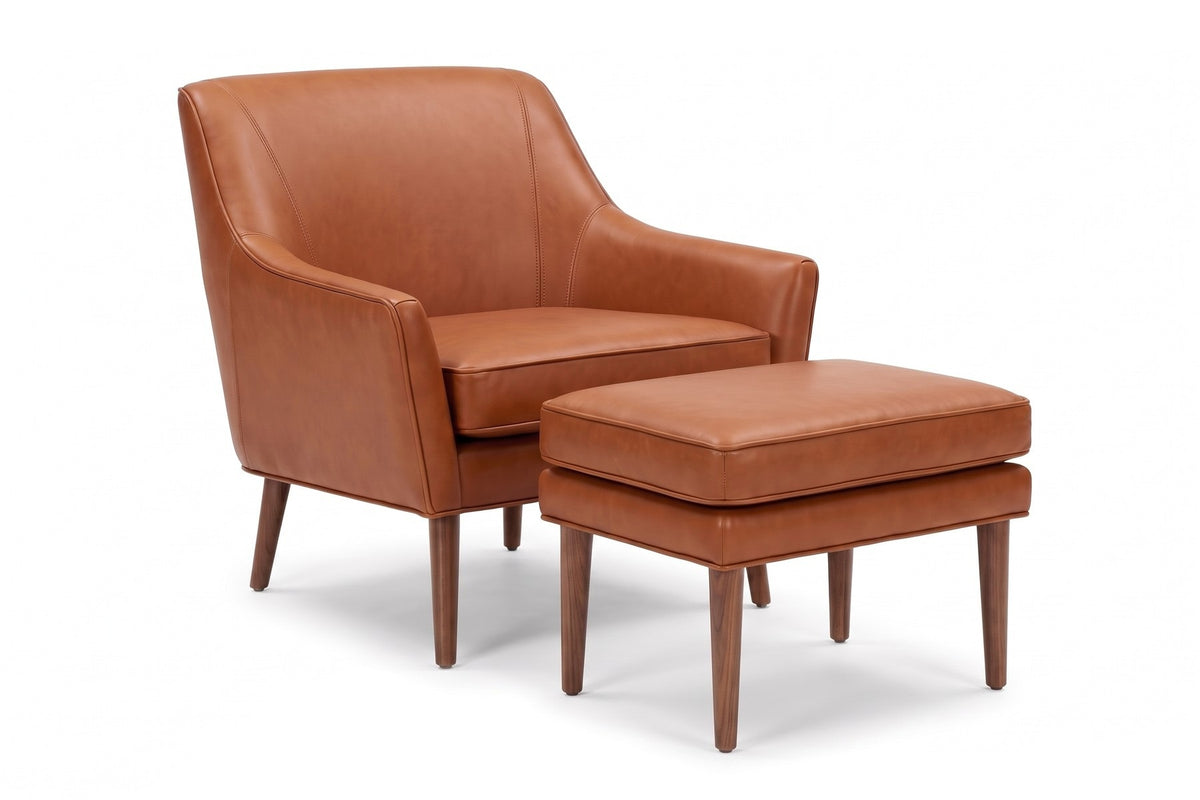 Nyons Cognac Leather Armchair and Ottoman on white