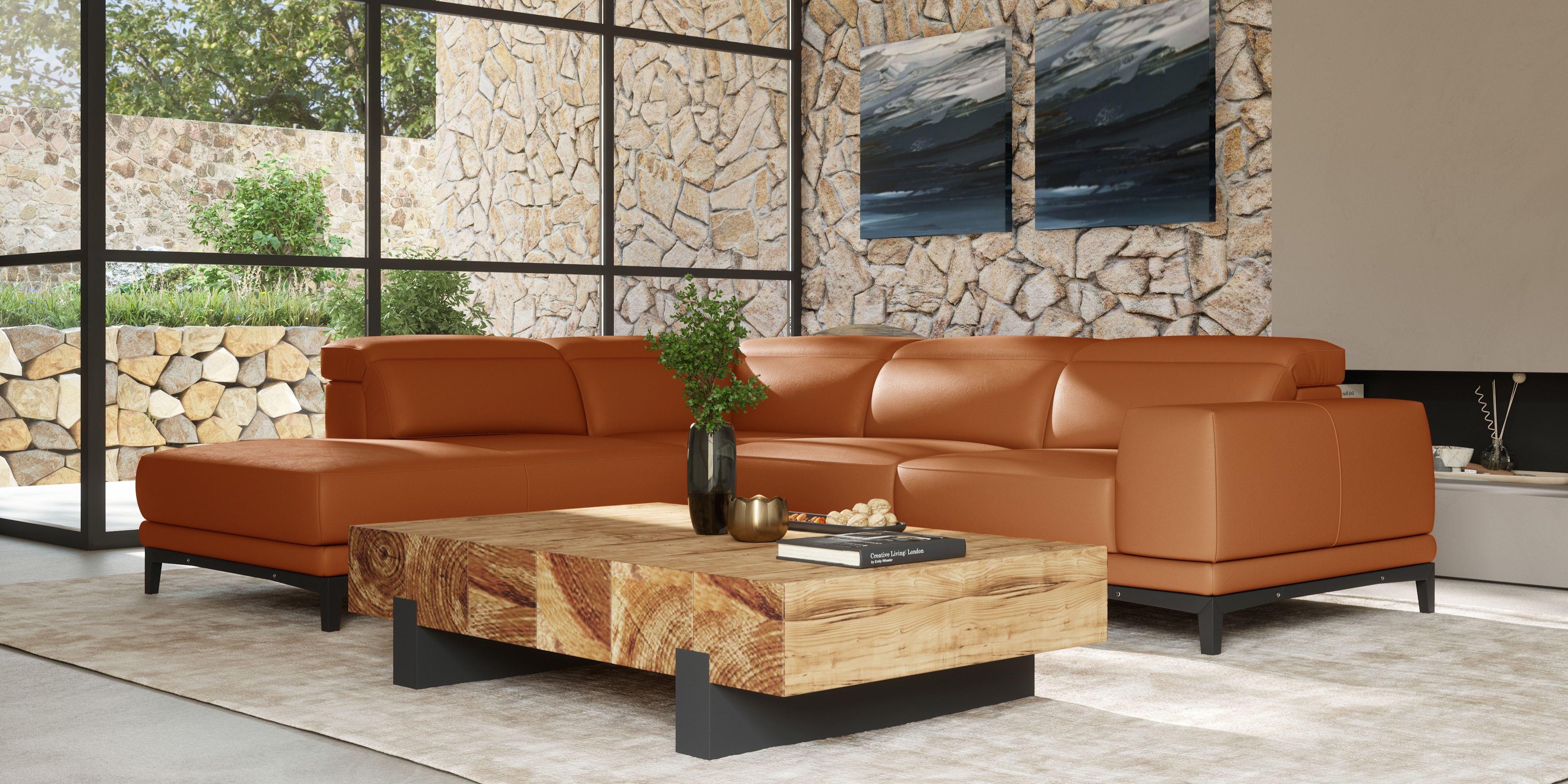 Brun Leather Sectional Sofa with Adjustable Headrest