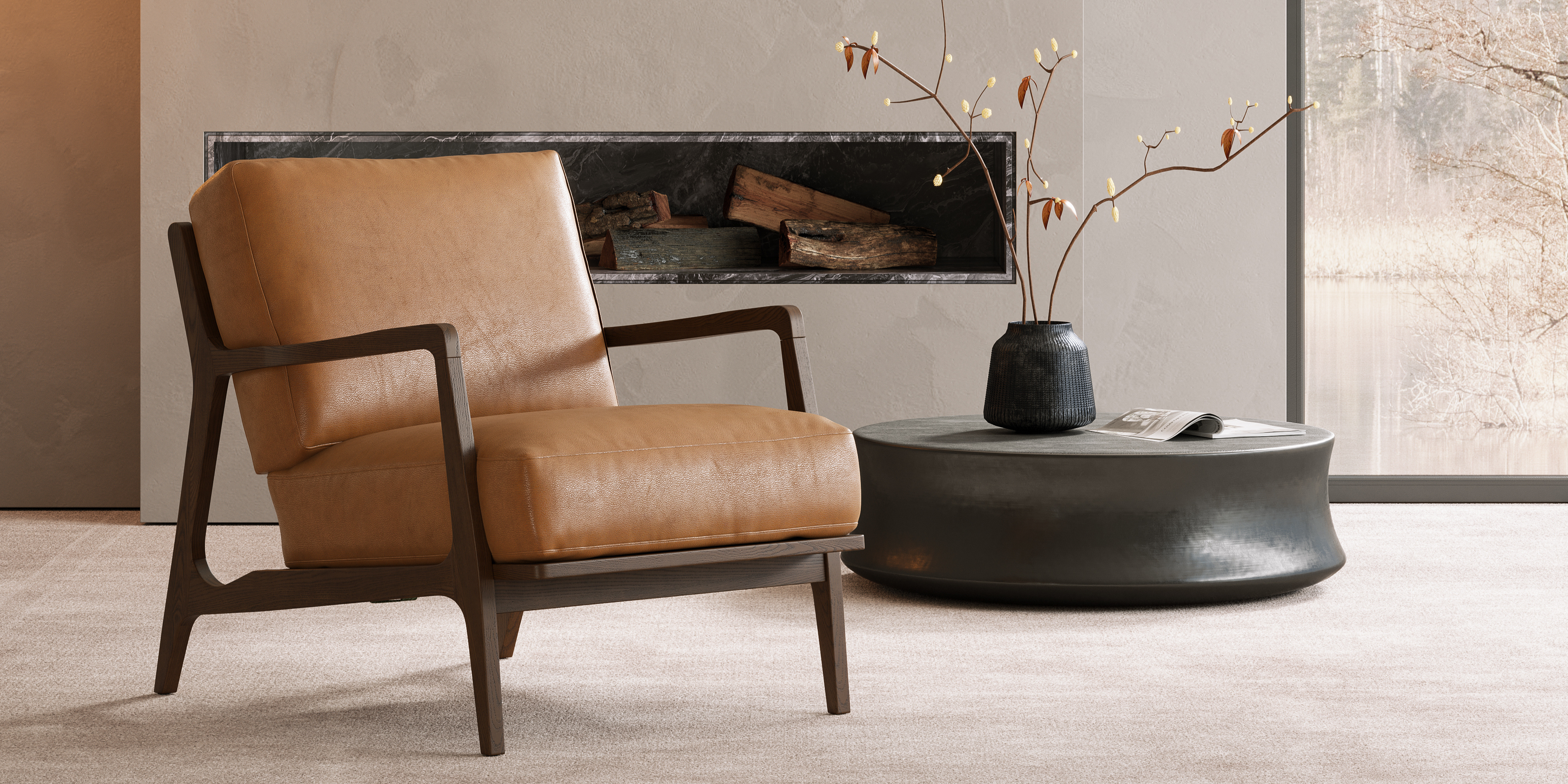 Isode 25” Leather Mid-Century Modern Accent Chair