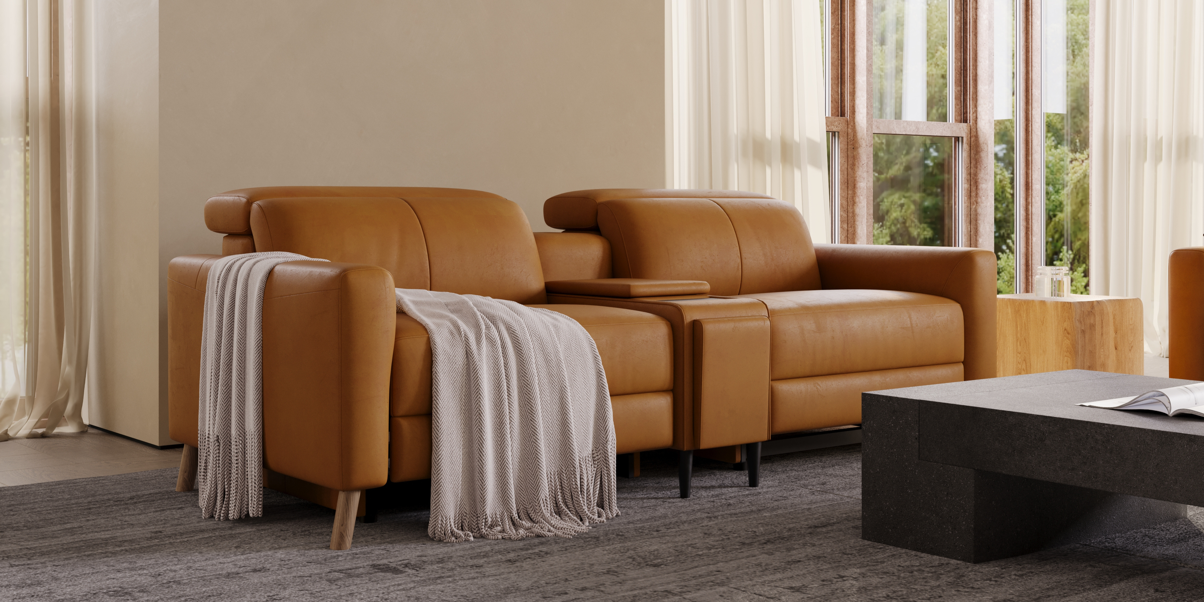 Ozanne Leather Dual Power Recliner Sofa with Console