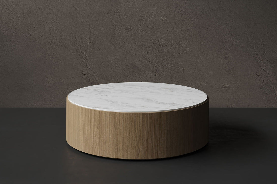 Laconi Carrara Marble Coffee Table styled in a living room
