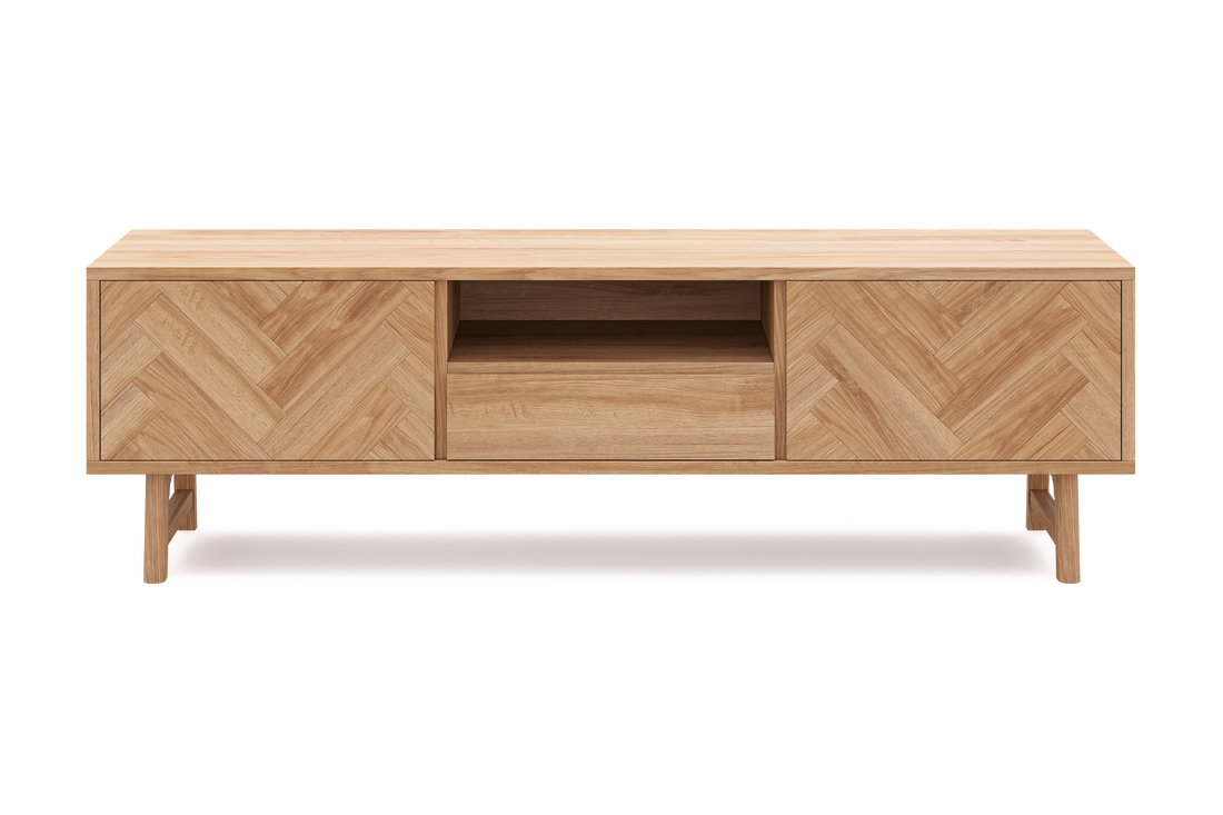 Grange Oak Wood Media Console styled in a living room