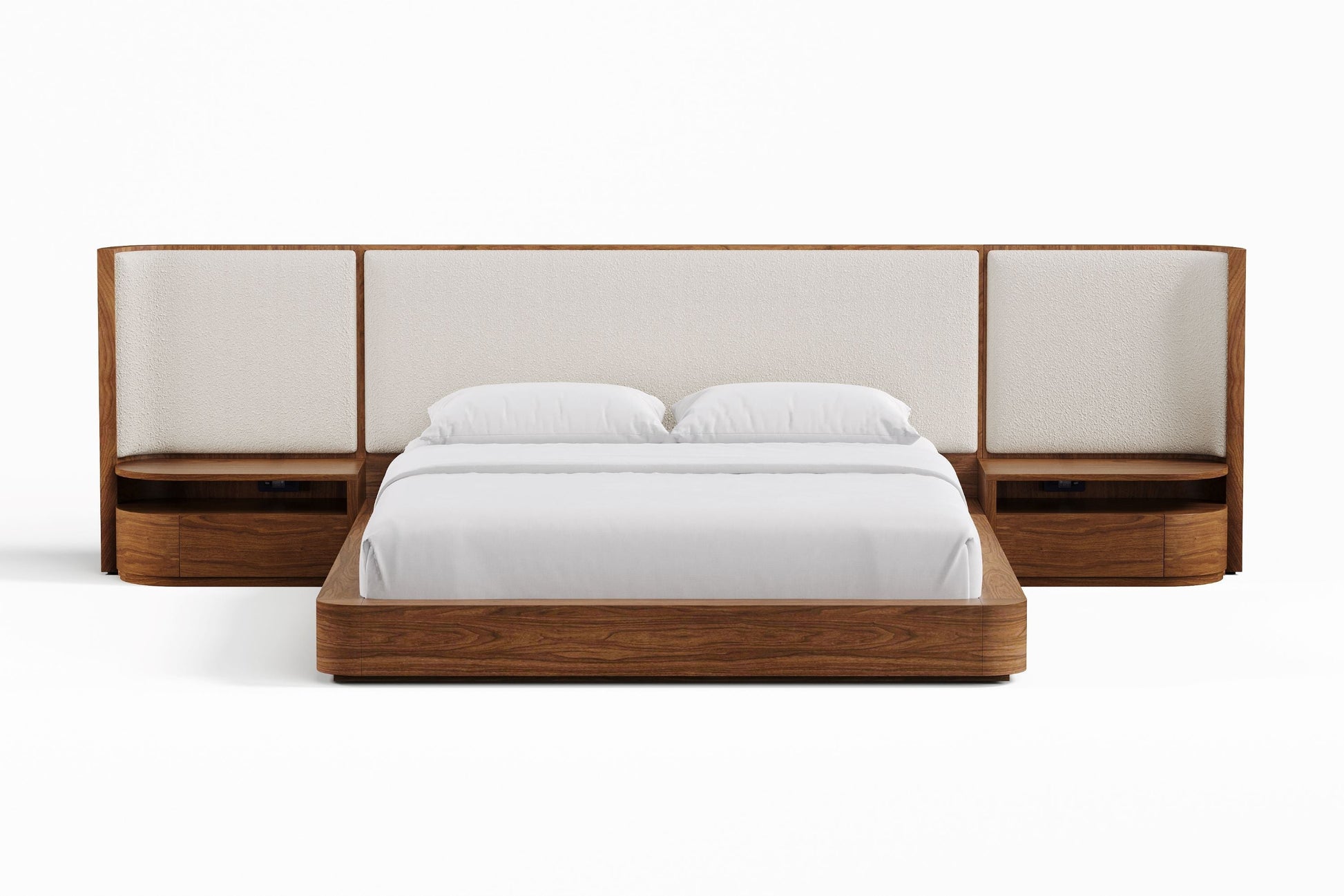 Aubert Wood Bed Frame with Bouclé Headboard & Integrated Nightstands