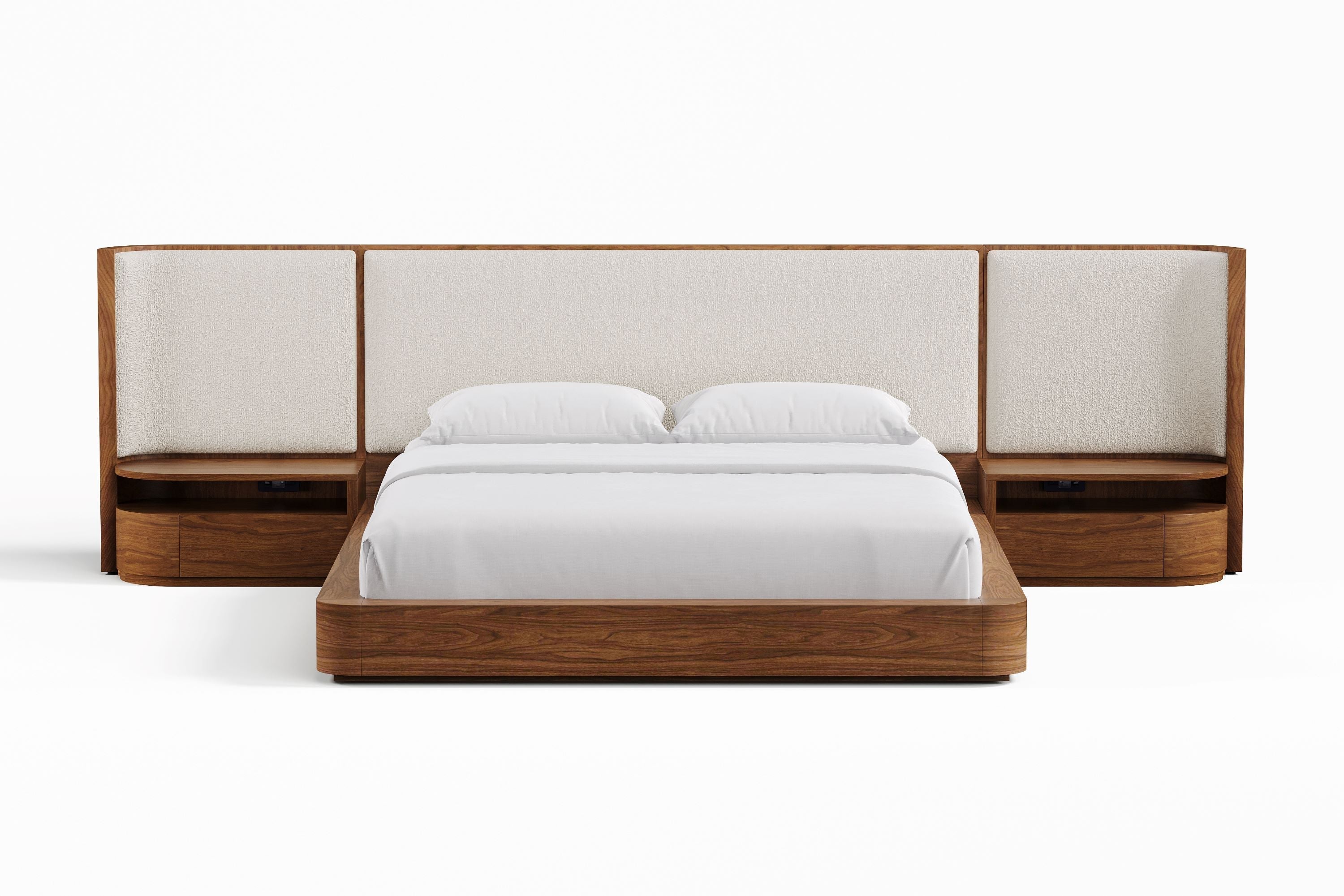 Aubert Wood Bed Frame with Bouclé Headboard & Integrated Nightstands