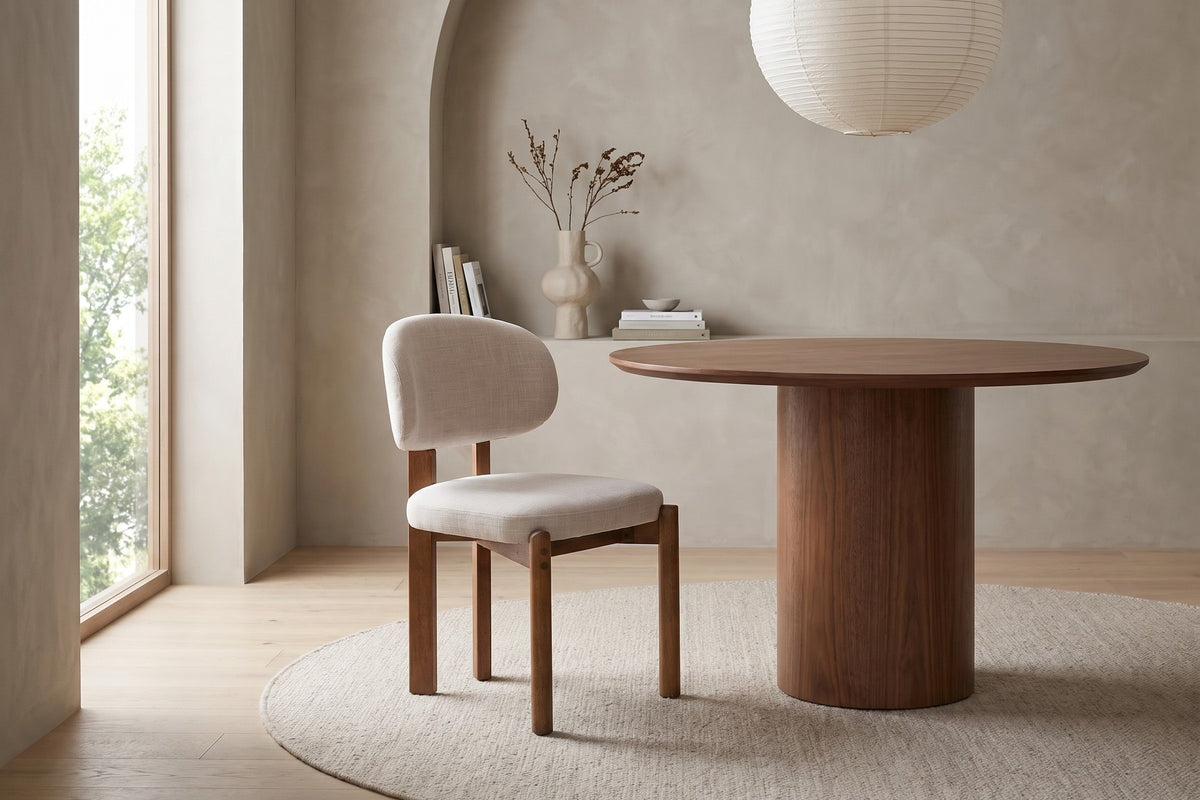 Adèle beige oval-back dining chair with walnut-finish frame, set of 2 in a calm, daylit dining room