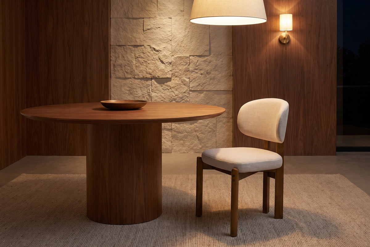 Adèle beige oval-back dining chair with walnut-finish frame, set of 2 in a warm walnut-panelled dining room in the evening