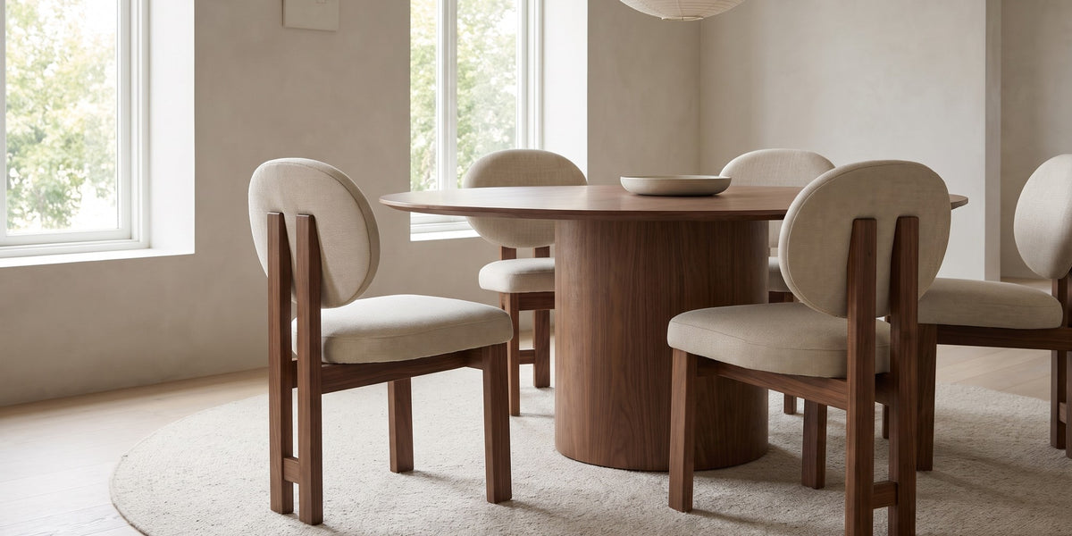 Adèle beige oval-back dining chair with walnut-finish frame, set of 2 in a wide room view