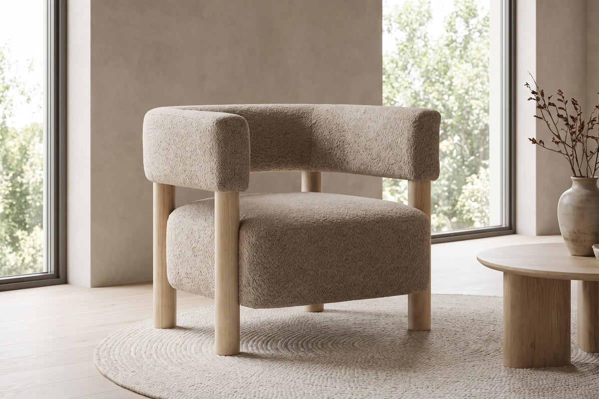 Agathe Bouclé Barrel Accent Chair – Light Camel, Natural Wood Legs