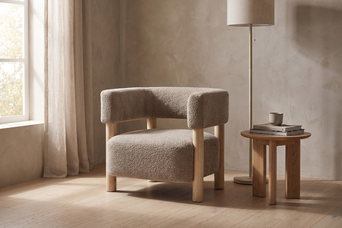 Agathe Bouclé Barrel Accent Chair – Light Camel, Natural Wood Legs