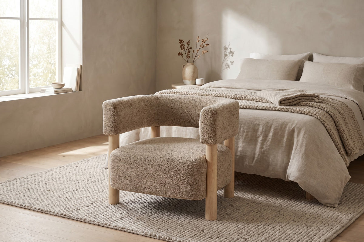 Agathe Bouclé Barrel Accent Chair – Light Camel, Natural Wood Legs