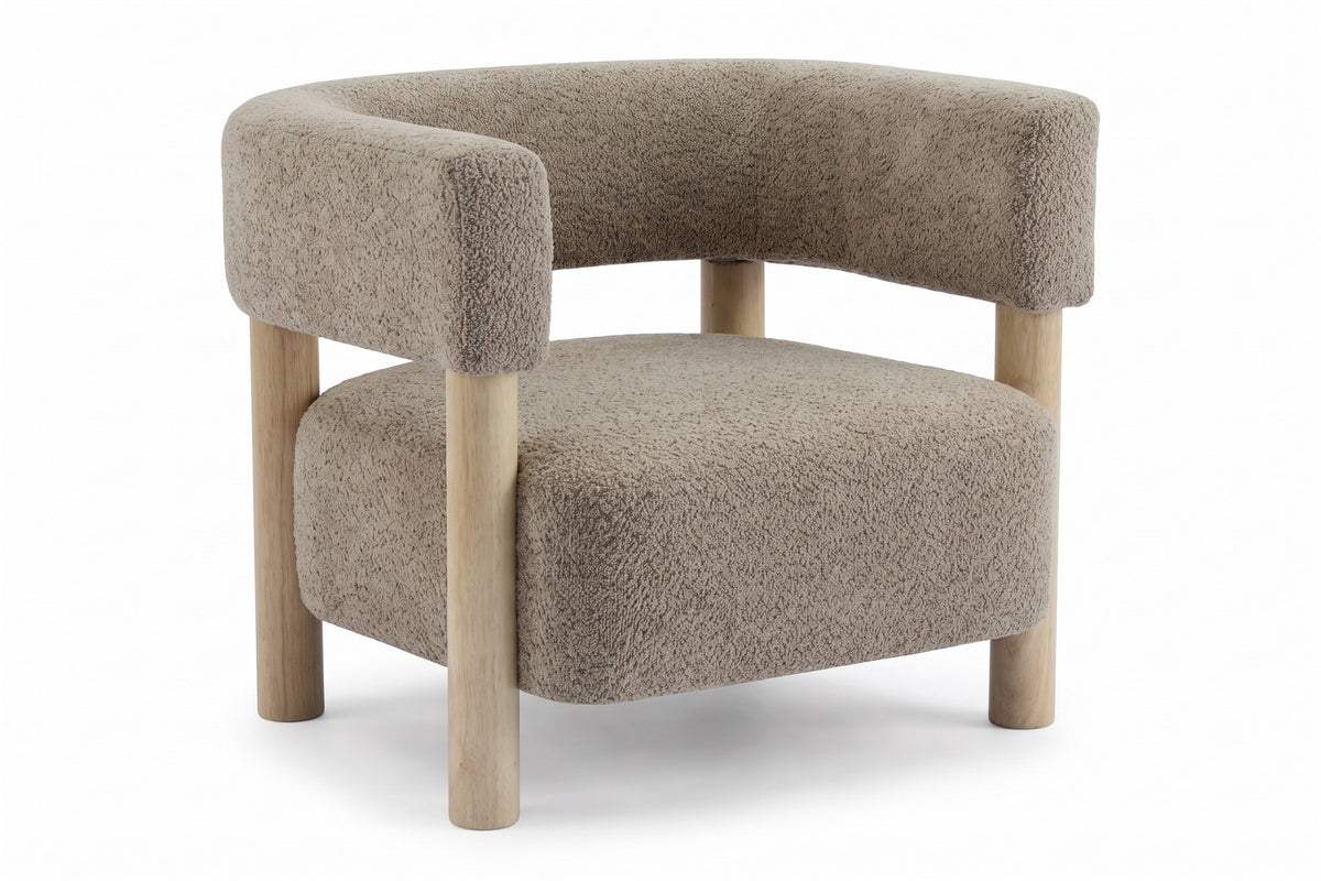 Agathe Bouclé Barrel Accent Chair – Light Camel, Natural Wood Legs
