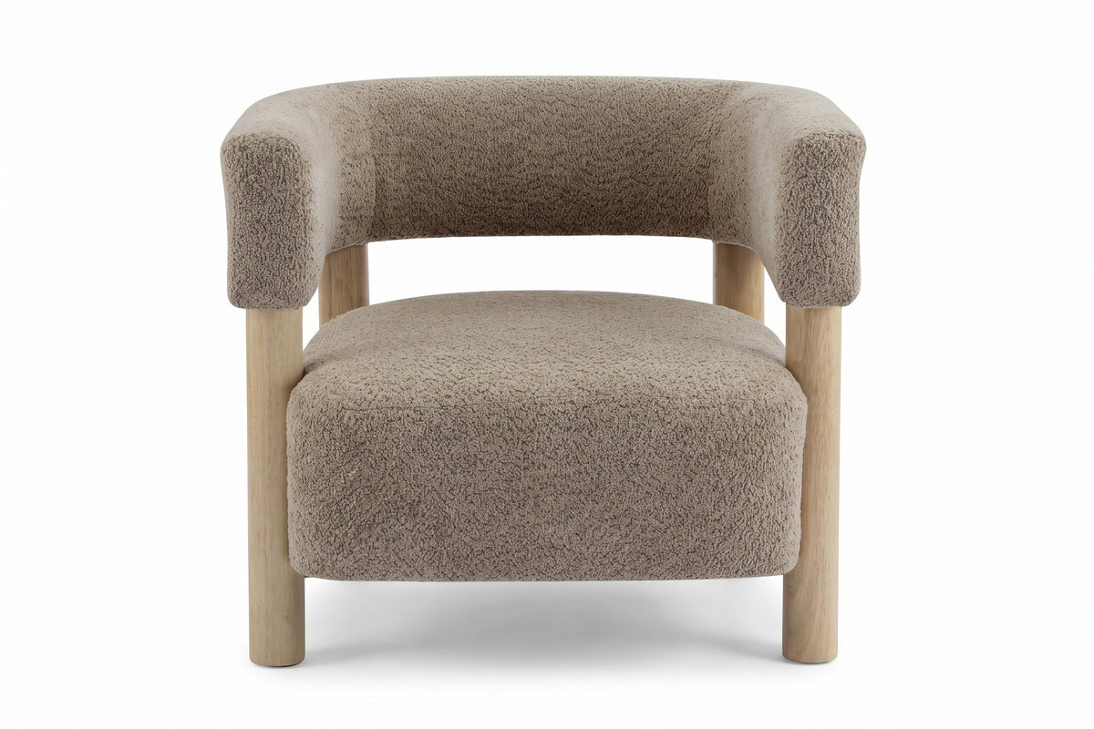 Agathe light camel bouclé barrel accent chair with natural wood legs, straight front view on a white background