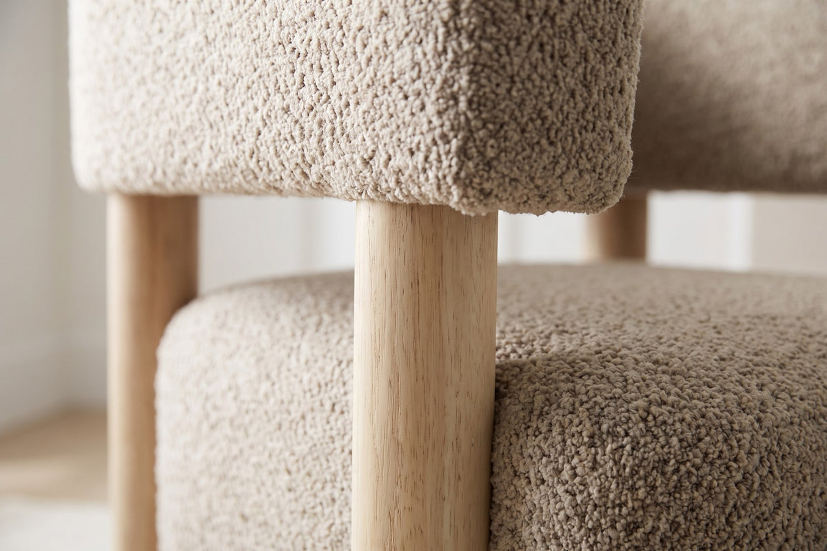 Agathe Bouclé Barrel Accent Chair – Light Camel, Natural Wood Legs
