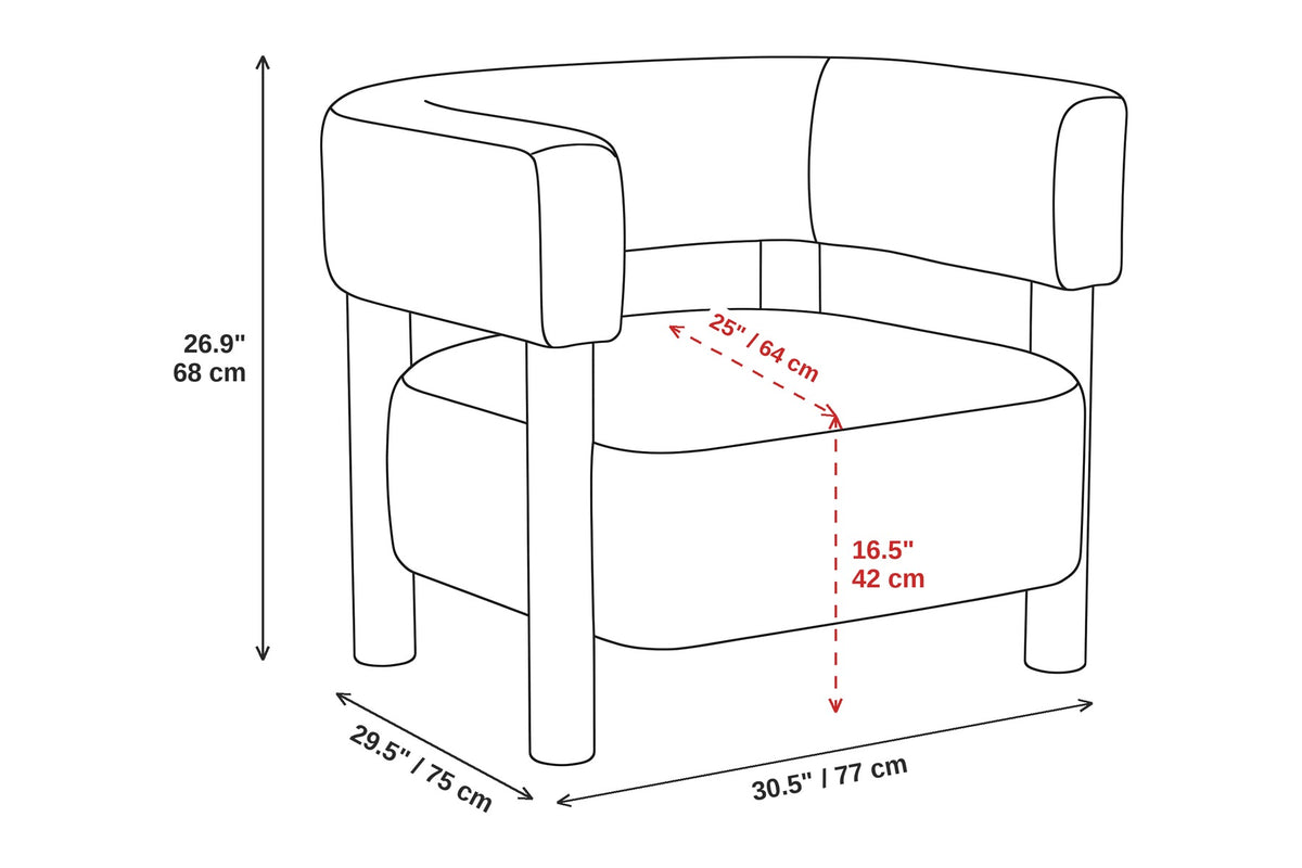Agathe light camel bouclé barrel accent chair dimensions: 30.5 inches (77 cm) wide, 29.5 inches (75 cm) deep and 26.9 inches (68 cm) high