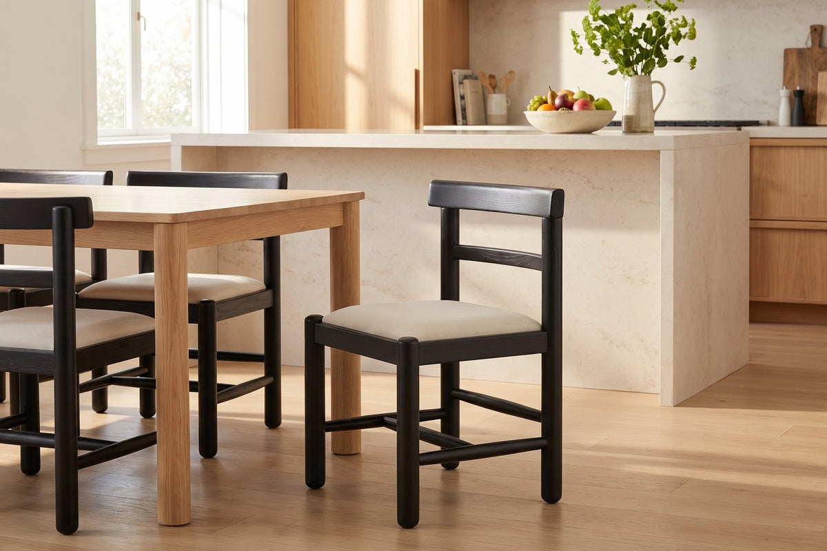 Albi Solid Wood Dining Chair – Chunky Round Legs, Linen Seat, Set of 2