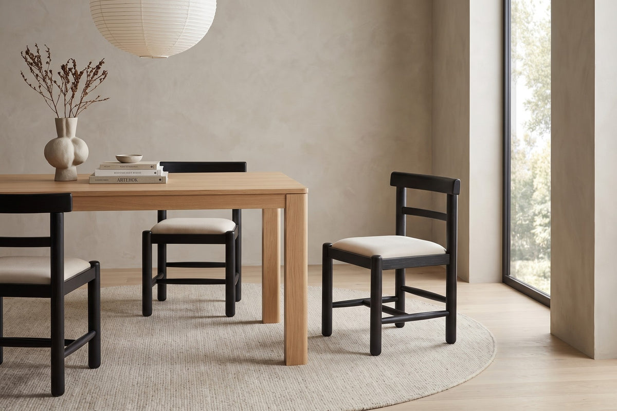 Albi Solid Wood Dining Chair – Chunky Round Legs, Linen Seat, Set of 2