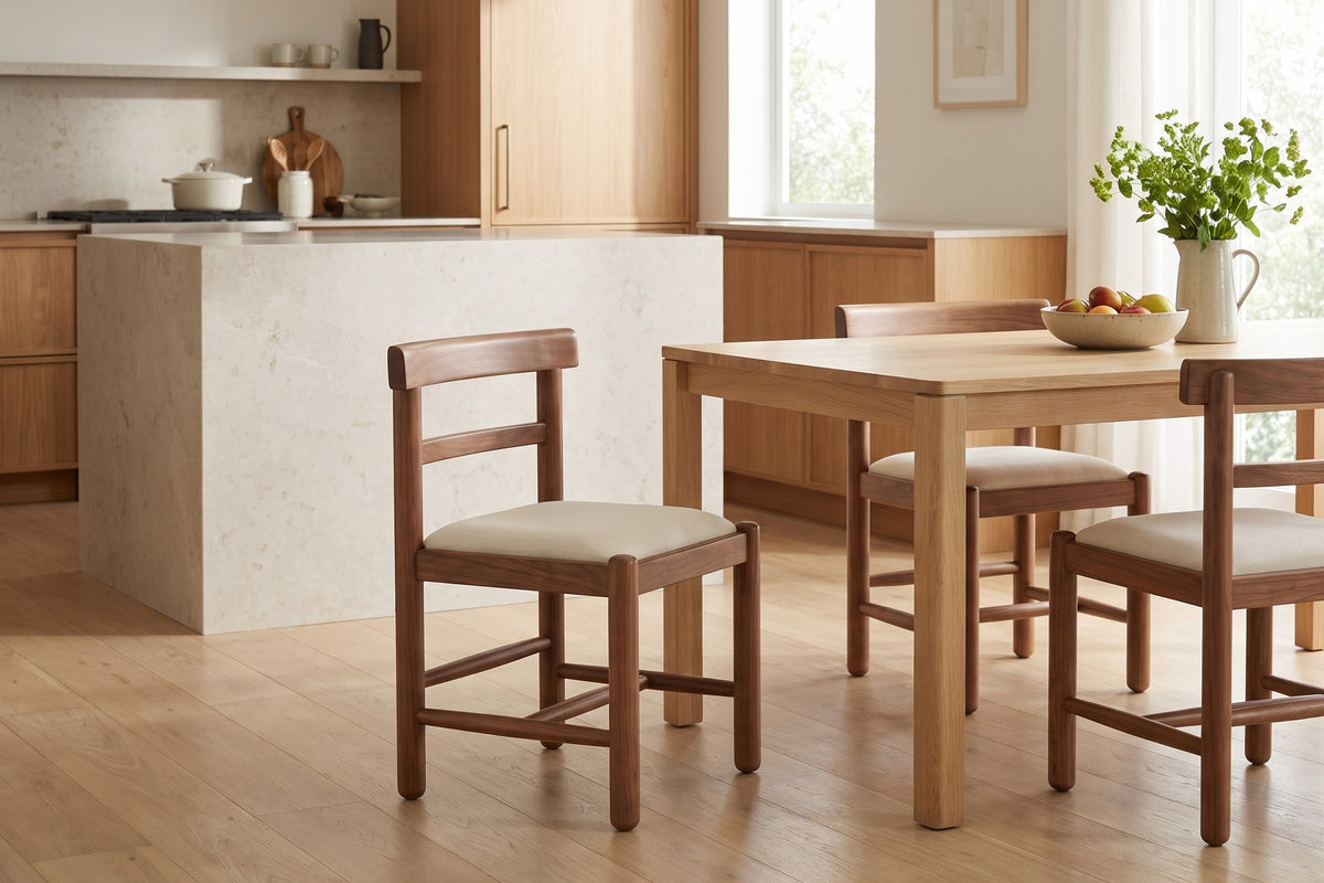 Albi Solid Wood Dining Chair – Chunky Round Legs, Linen Seat, Set of 2
