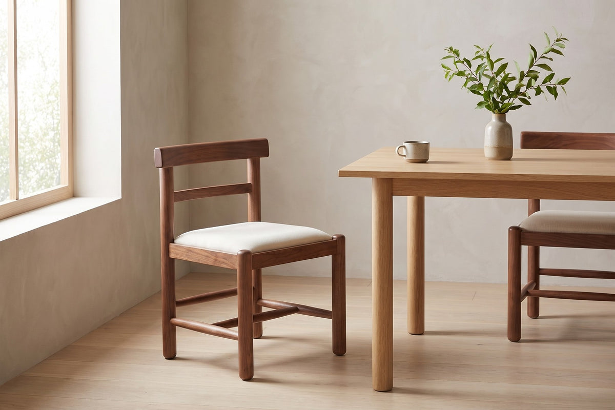 Albi Solid Wood Dining Chair – Chunky Round Legs, Linen Seat, Set of 2