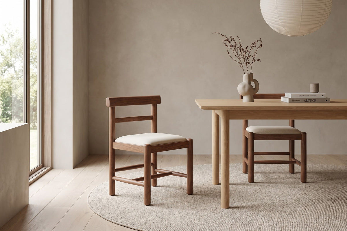 Albi Solid Wood Dining Chair – Chunky Round Legs, Linen Seat, Set of 2