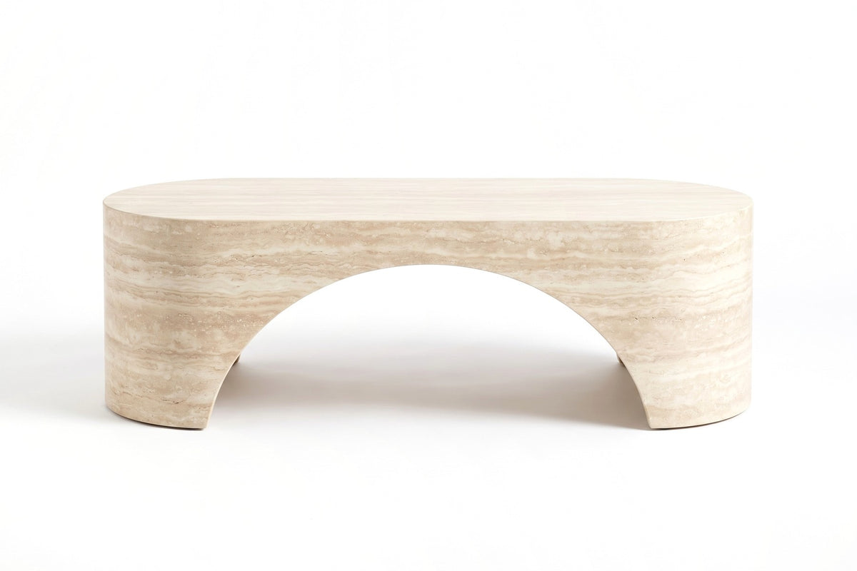 Alma Oval Sculpted Coffee Table – Travertine-Look Fiberglass, 43"