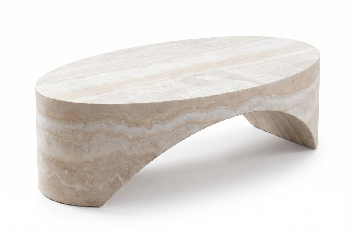Alma Oval Sculpted Coffee Table – Travertine-Look Fiberglass, 43"