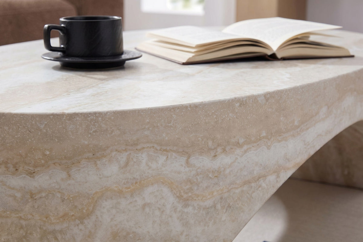 Alma Oval Sculpted Coffee Table – Travertine-Look Fiberglass, 43"