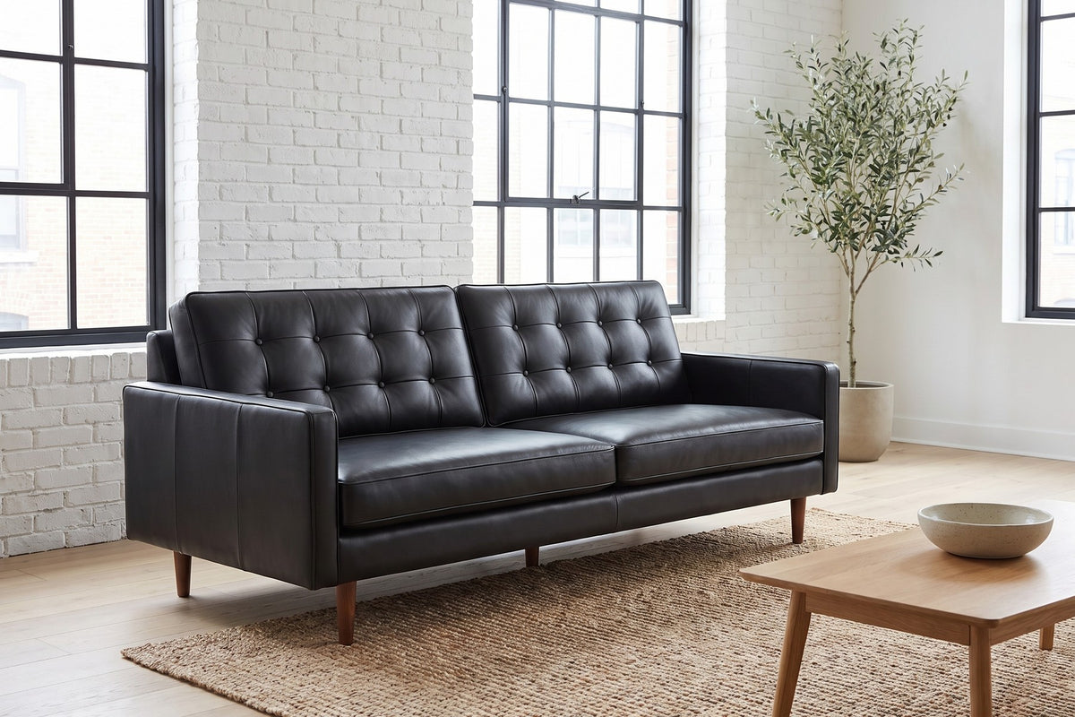 Amboise 86" Button-Tufted Leather Sofa – Mid-Century, Tapered Walnut-Finish Legs