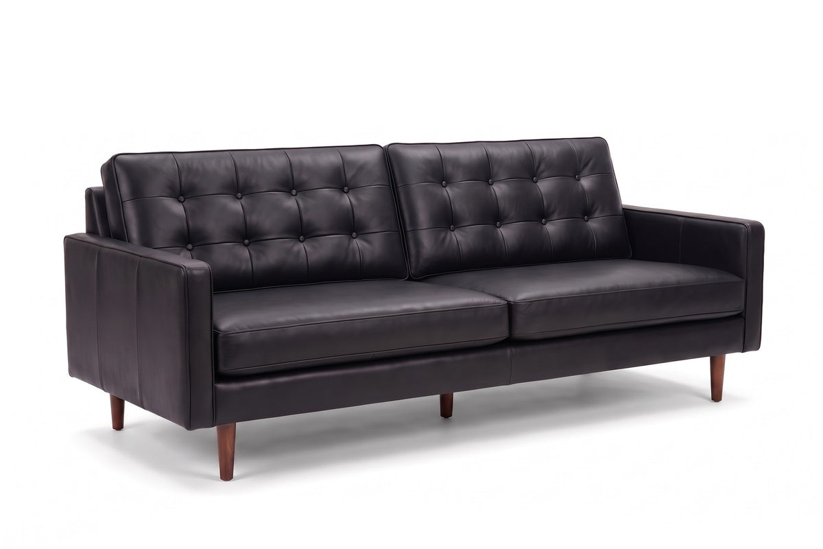 Amboise 86" Button-Tufted Leather Sofa – Mid-Century, Tapered Walnut-Finish Legs