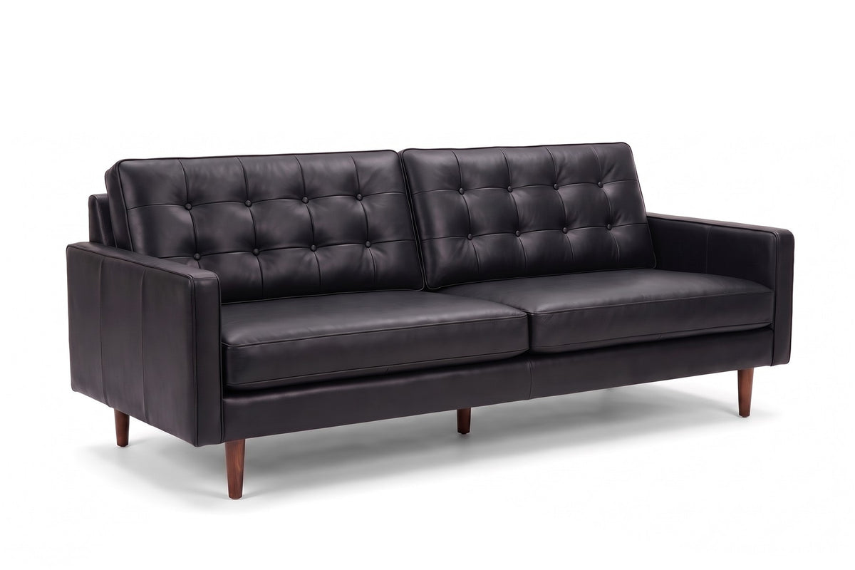 Amboise Button-Tufted Leather Sofa in Black, front view on white
