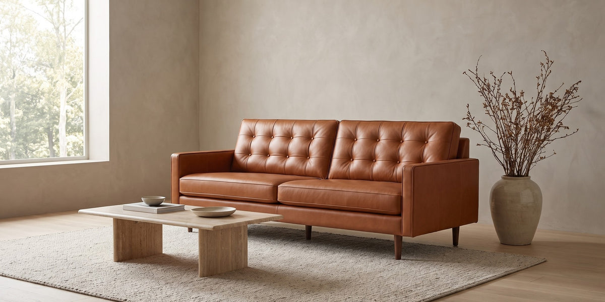 Amboise Cognac Button-Tufted Leather Sofa banner