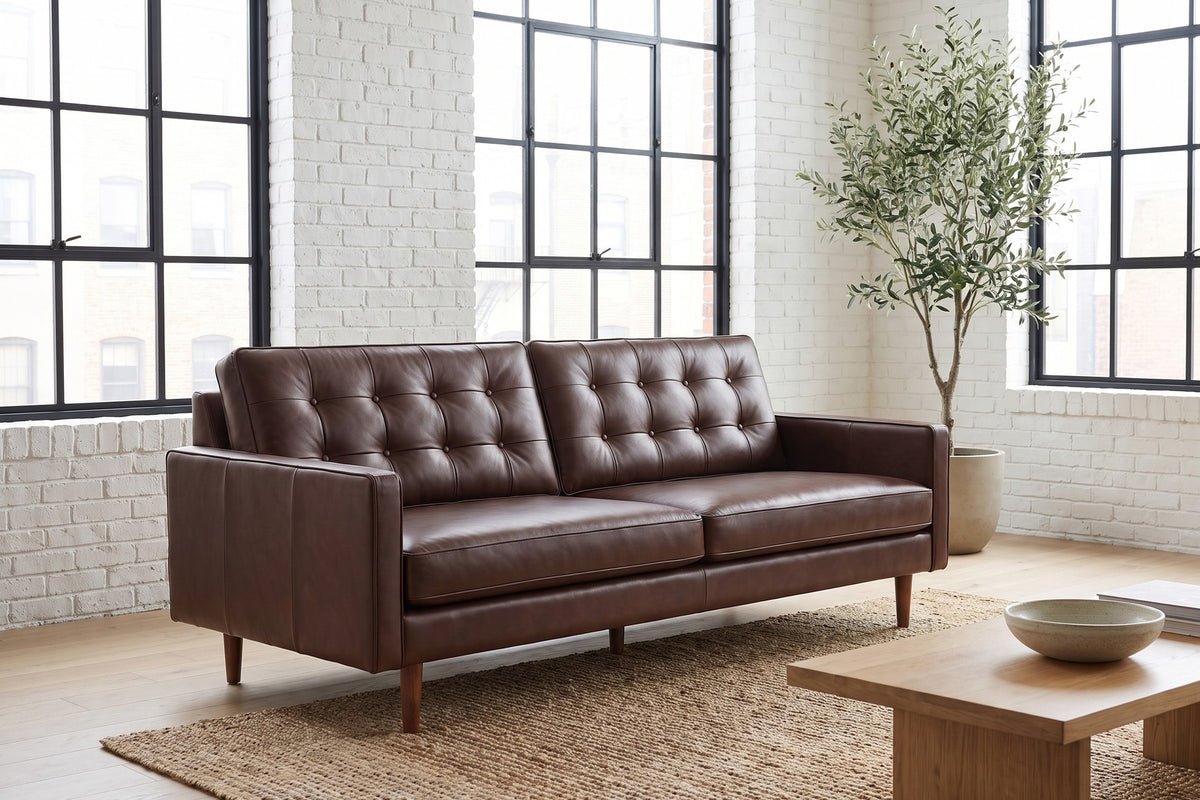 Amboise 86" Button-Tufted Leather Sofa – Mid-Century, Tapered Walnut-Finish Legs