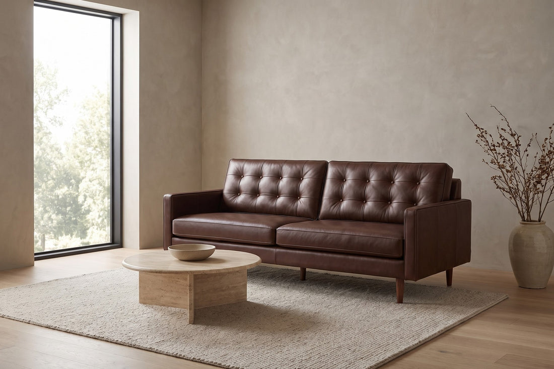 Amboise Button-Tufted Leather Sofa in Chocolate, in a living space