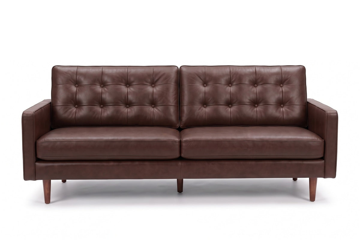 Amboise 86" Button-Tufted Leather Sofa – Mid-Century, Tapered Walnut-Finish Legs