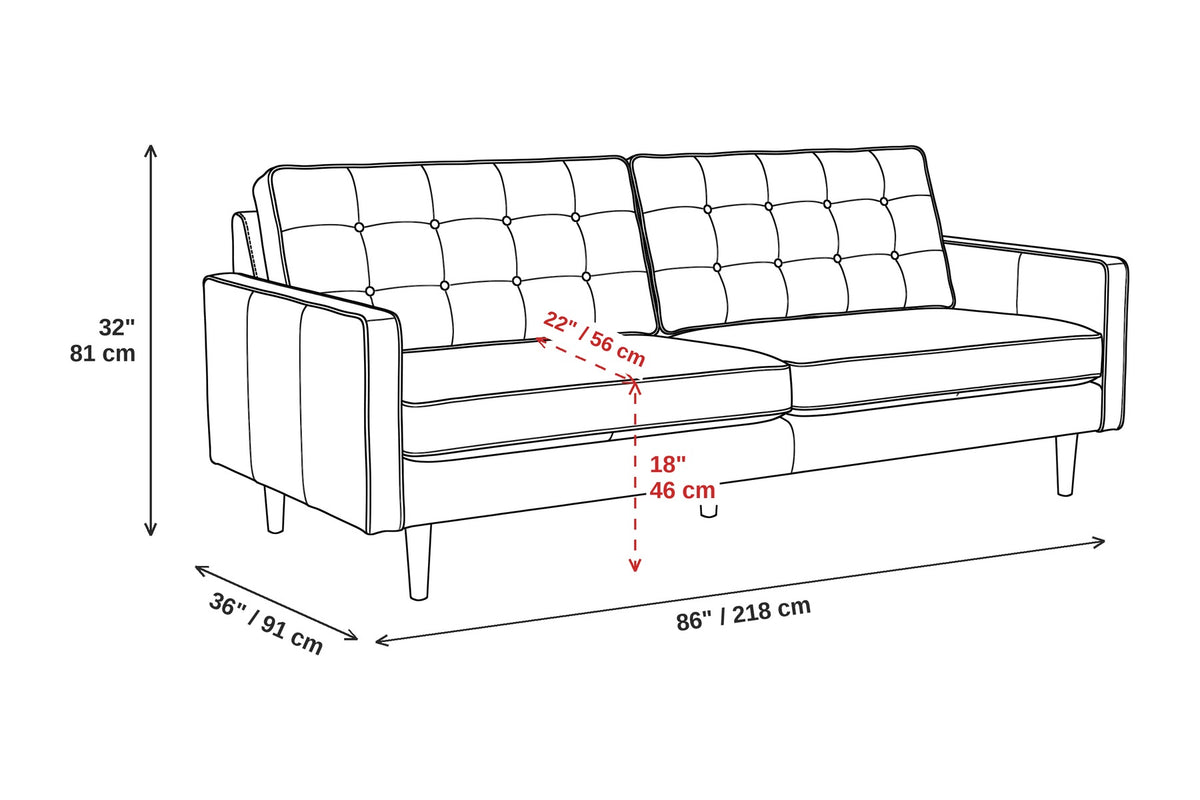 Amboise 86" Button-Tufted Leather Sofa – Mid-Century, Tapered Walnut-Finish Legs