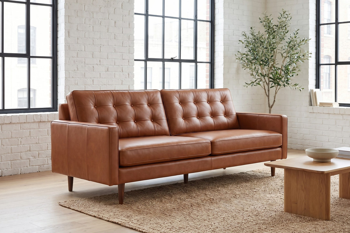Amboise 86" Button-Tufted Leather Sofa – Mid-Century, Tapered Walnut-Finish Legs