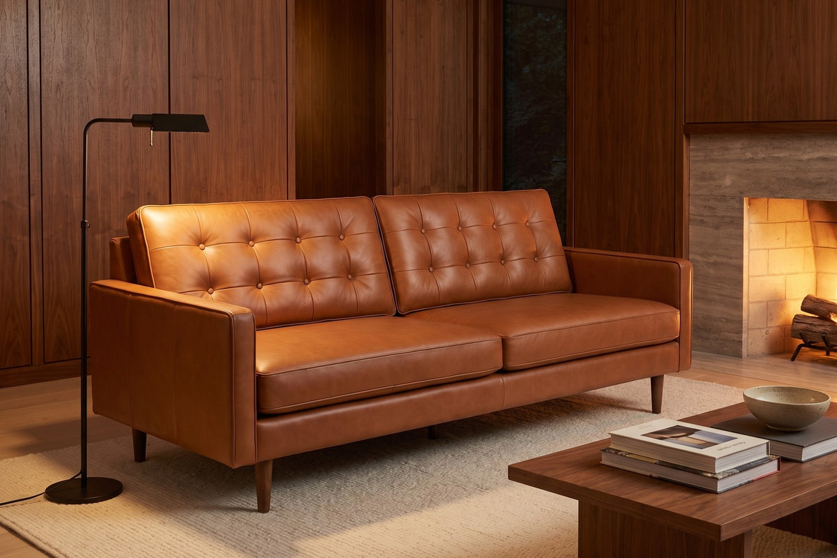 Amboise 86" Button-Tufted Leather Sofa – Mid-Century, Tapered Walnut-Finish Legs