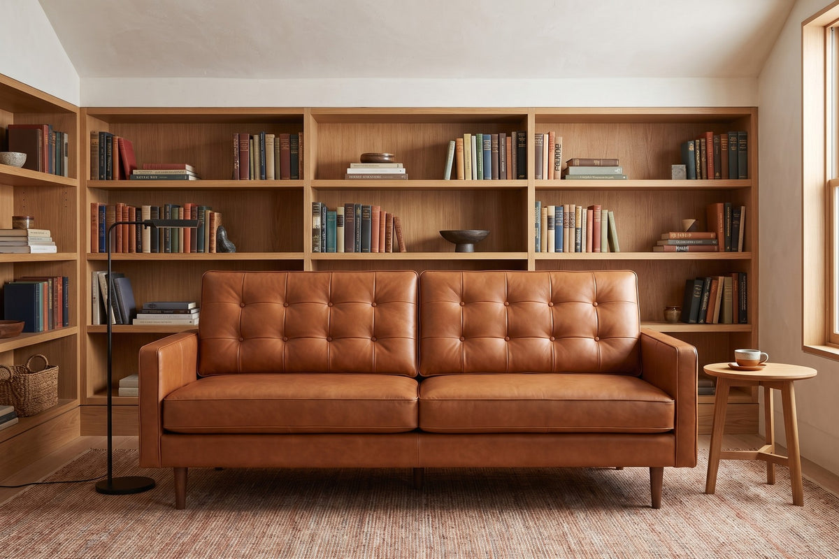 Amboise 86" Button-Tufted Leather Sofa – Mid-Century, Tapered Walnut-Finish Legs