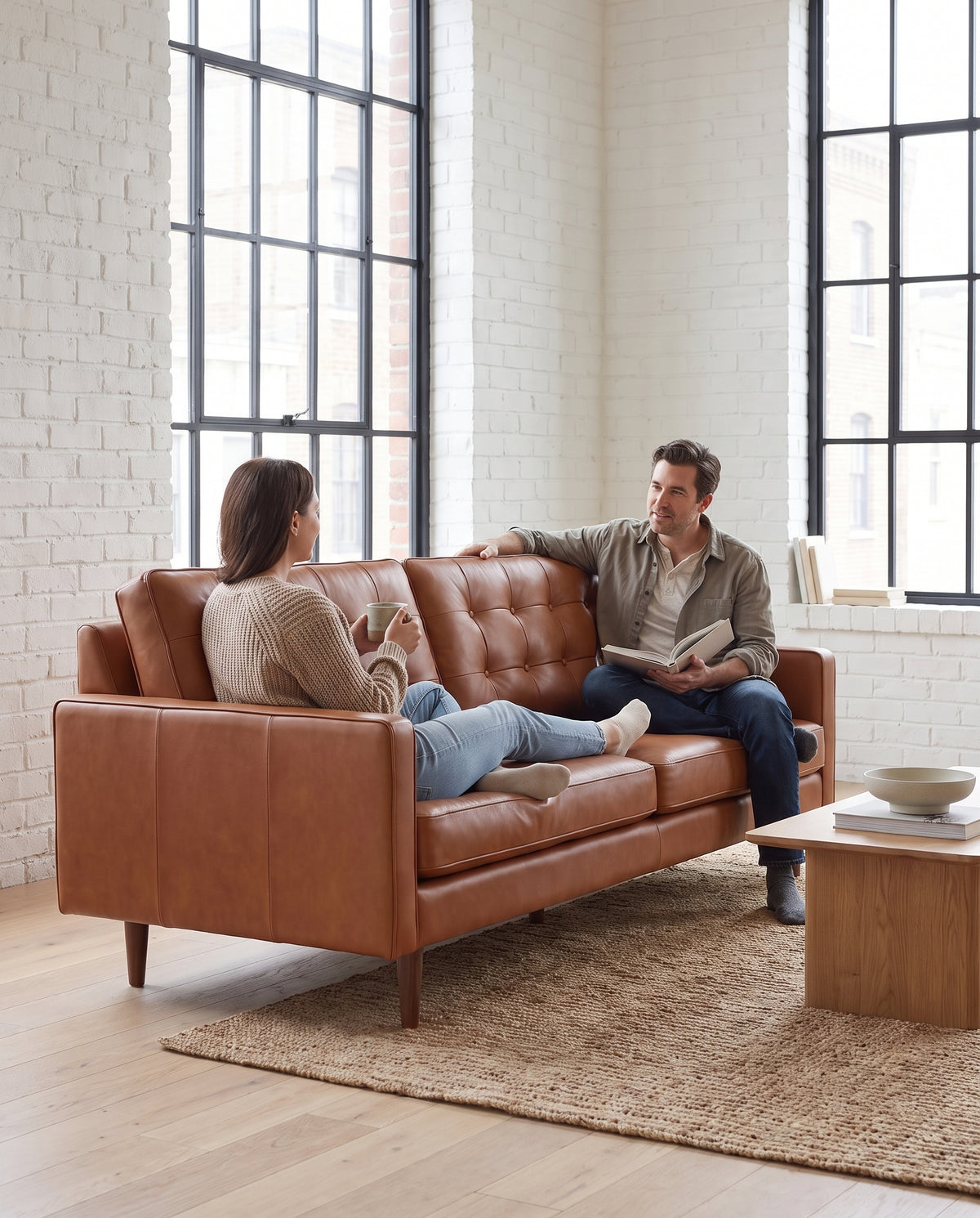 Amboise Cognac Button-Tufted Leather Sofa in everyday use at home